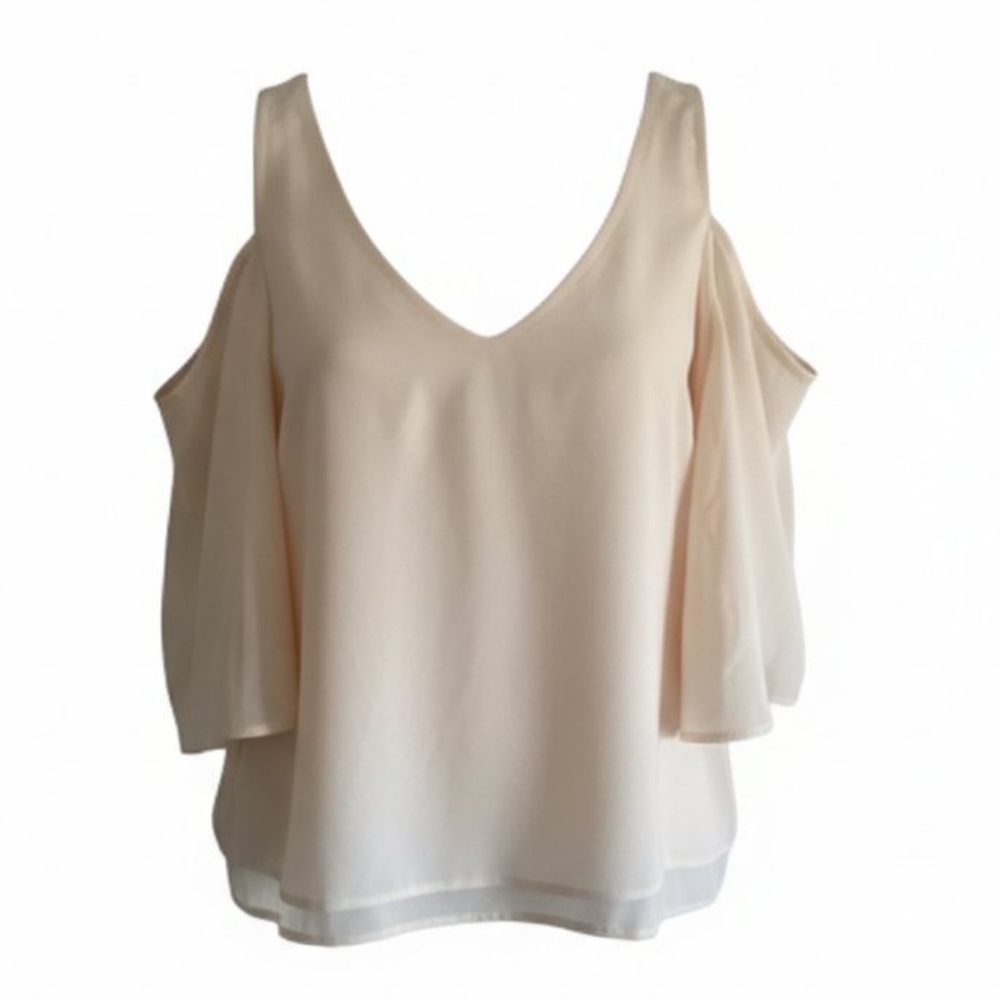 Large XOXO Cream Cold Shoulder Boho Flowy Layered 3/4 Bell Sleeve Blouse - Picture 2 of 6